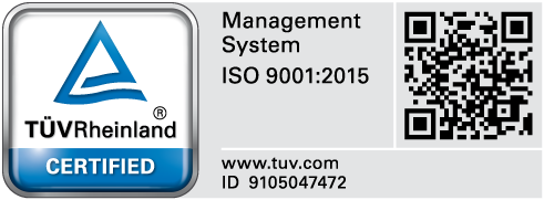 TÜV Rheinland Certification logo. Management System, ISO 9001:2008. ID: 9105047472
